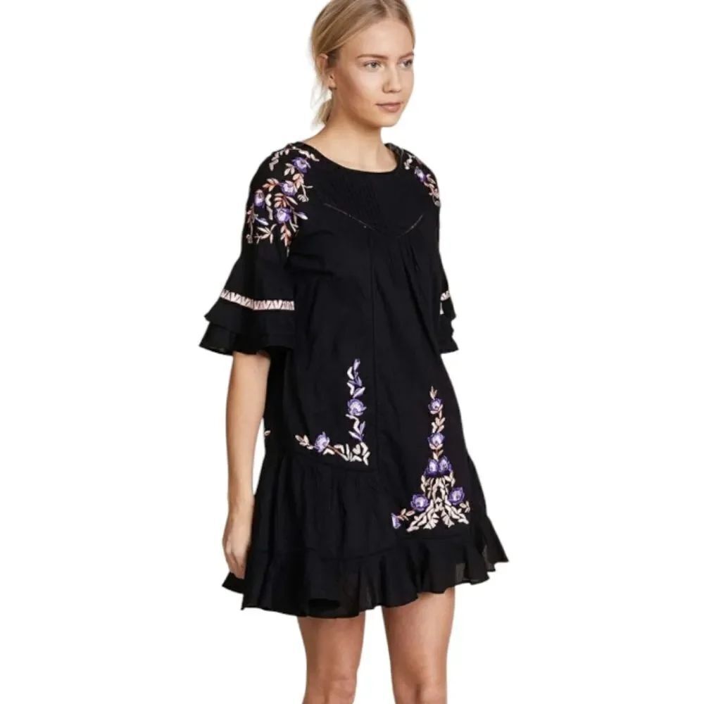 Free People Pavlo Babydoll Mini Dress Black Dress Purple Floral Embroidery Boho